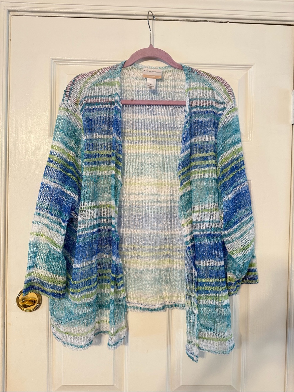 Alfred Dunner Blue, Teal & White Striped Open-Front Cardigan